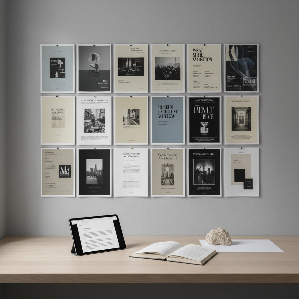 A minimalist, modern arts-and-culture research corner: a pale birch desk against a soft gray wall lined with a grid of pinned printouts featuring museum brochures, concert programs, and theater posters, all desaturated just enough to feel cohesive and understated. On the desk, a tablet shows a clean gallery review draft, beside a single open book of contemporary art criticism and a small stone sculpture used as a paperweight. Gentle, diffused afternoon light enters from the left, creating a calm, even illumination with subtle shadows behind the pinned papers. Photographic realism with a refined, professional aesthetic. Captured straight-on at eye level with balanced composition and moderate depth of field, the mood is contemplative, cultured, and quietly sophisticated, ideal for highlighting arts journalism.