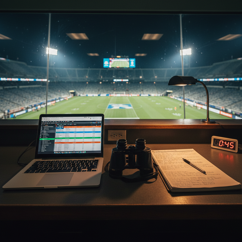 A quiet press box interior overlooking a blurred, brightly lit sports stadium at night, seen through a wide pane of glass. In the foreground, a long counter holds an open laptop displaying a live stats dashboard, a spiral notebook filled with handwritten game notes, and a pair of folded, well-worn binoculars. A small digital clock glows soft red on the edge of the frame. Cool, artificial stadium lights wash in from outside, contrasting with the warmer, dim interior desk lamp light that pools softly over the workspace. Photographic realism with a professional, documentary sports aesthetic. Shot from a low, slightly off-center angle, with shallow depth of field focusing on the tools, the atmosphere is focused, anticipatory, and energetic.
