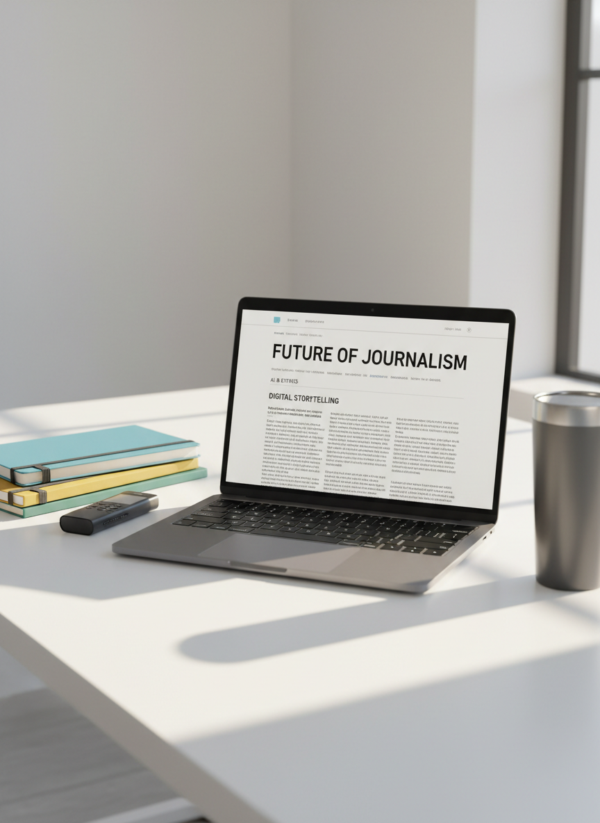 A sleek, charcoal-gray laptop open on a clean white desk, its screen displaying a minimalist news article layout with bold headlines and tidy columns. Around it, neatly stacked color-coded notebooks, a slim black digital voice recorder, and a stainless steel travel mug add subtle detail. Soft morning light filters through an unseen window, casting gentle, elongated shadows and a calm glow across the workspace. Photographic realism with a professional, clean, modern aesthetic. Shot at eye level with a shallow depth of field, the laptop is in crisp focus while the background fades into a soft blur, creating a composed, focused atmosphere ideal for a journalist’s portfolio homepage.